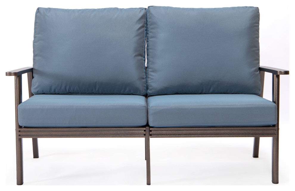 LeisureMod Walbrooke 3-Piece Patio Set With Brown Aluminum Frame and Cushions, Navy Blue