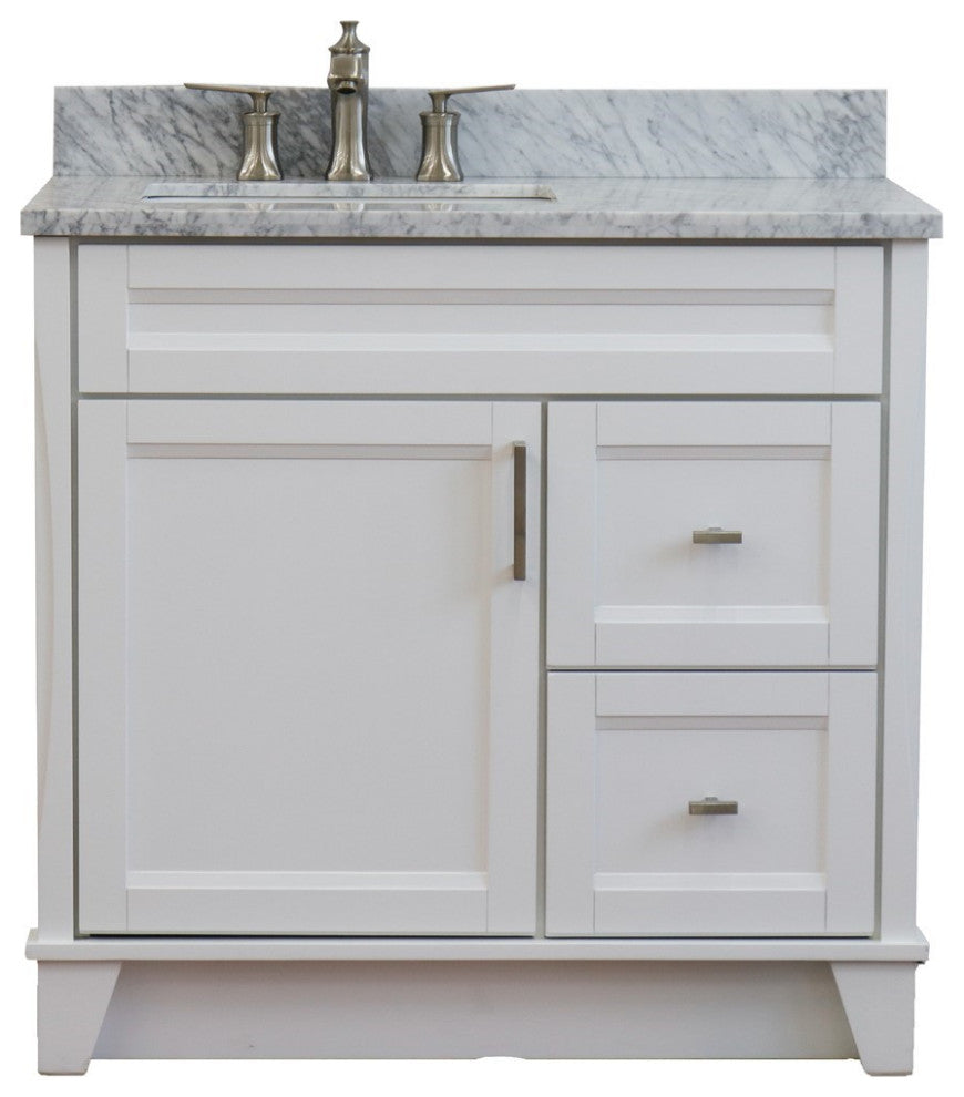 37" Single Sink Vanity, White Finish With White Carrara Marble