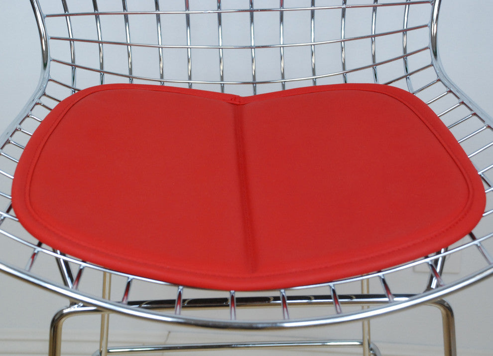 Mid Century Modern Chrome Wire Dining Side Chair, Chrome Frame, Red Pad