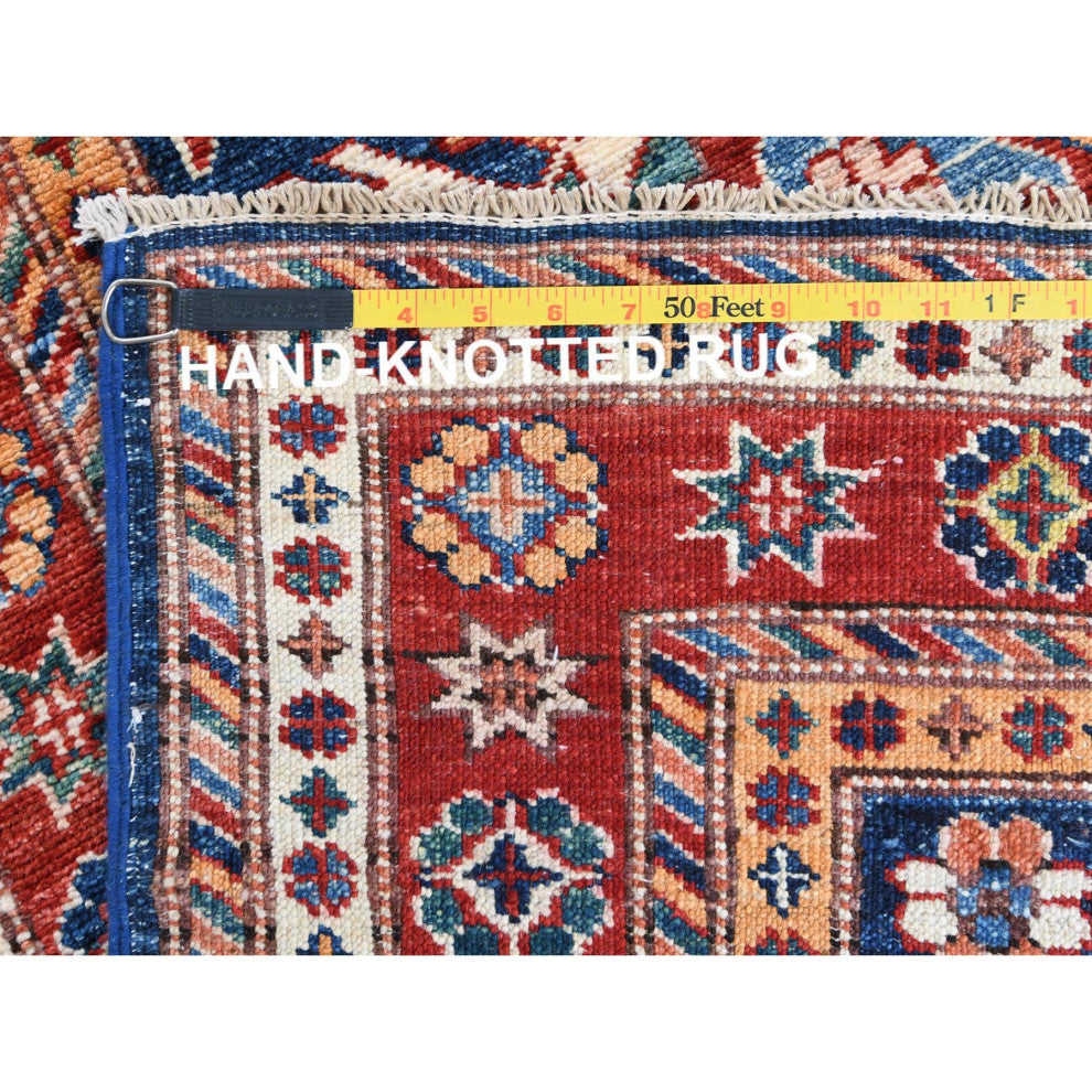 Shiny Wool Hand Knotted Navy Blue Afghan Super Kazak Runner Rug, 2'10" x 11'0"