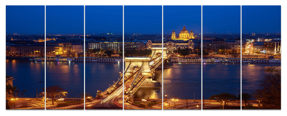 Illuminated Cain Bridge Budapest, Cityscape Canvas Art Print, 83"x32", 7 Panels