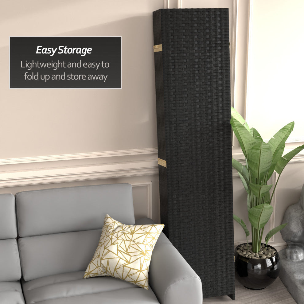 7' Tall Woven Fiber Room Divider, Black, 8 Panel