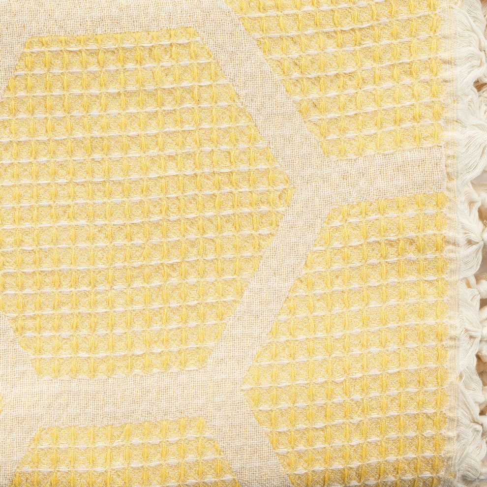 Blue/ Cream Geometric Turkish Organic Cotton Throw Blanket, Yellow
