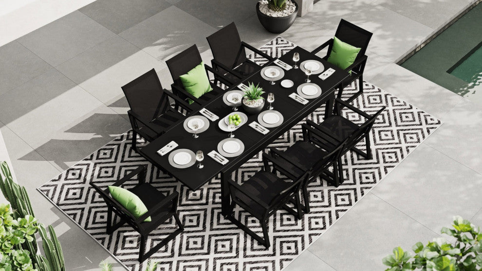 Loma Outdoor Extension Dining Table With Powder Coated Aluminum Frame, Black
