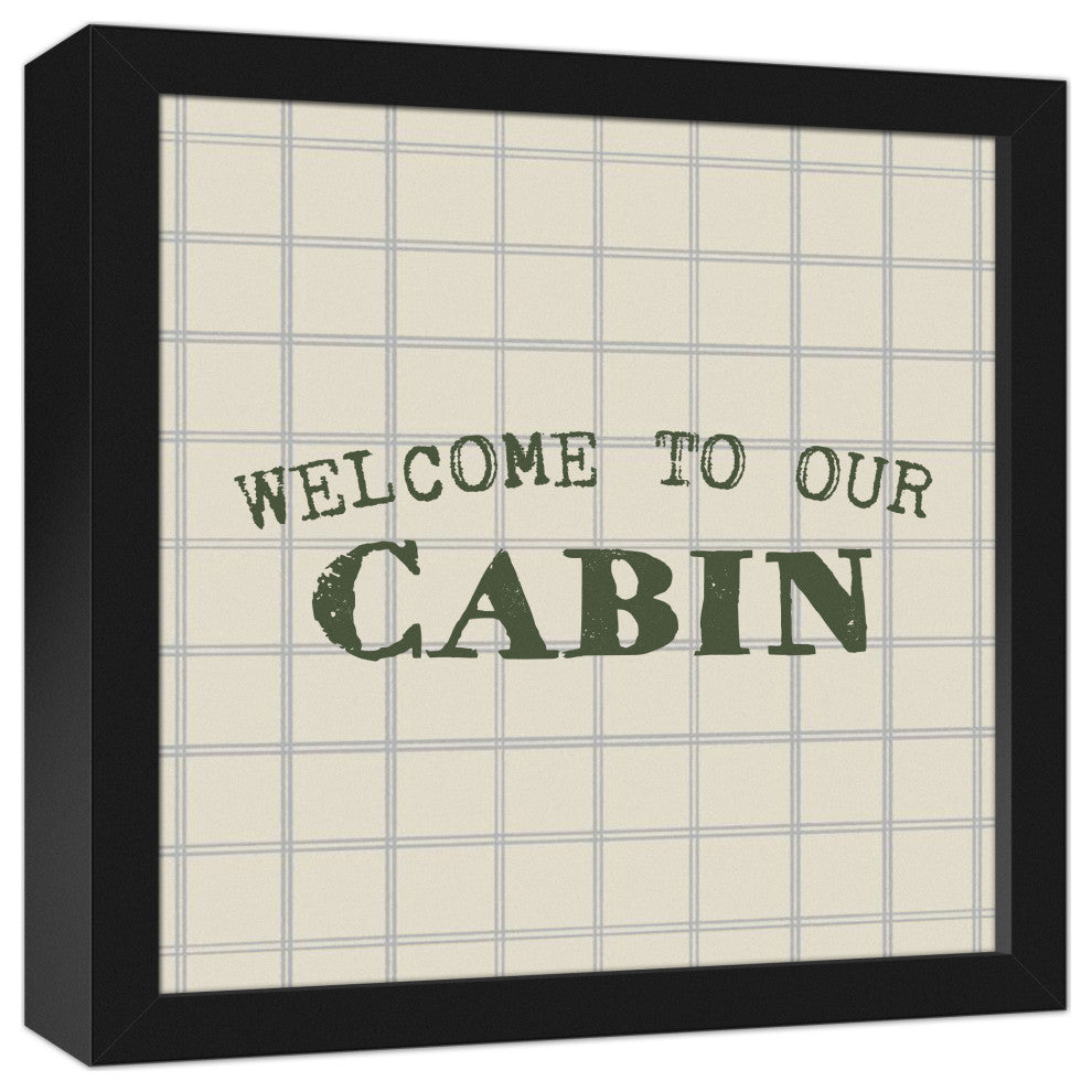 Welcome to our Cabin Gray and Cream Check 13.73x13.73 Black Framed Canvas