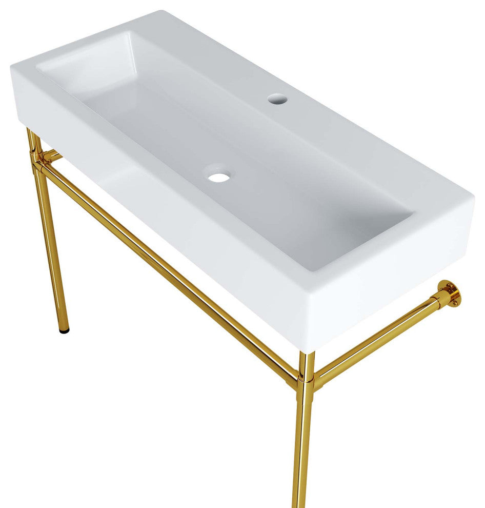 Sink Vanity, Wall Mount, White Gold, Ceramic, Stainless, Modern, Bathroom