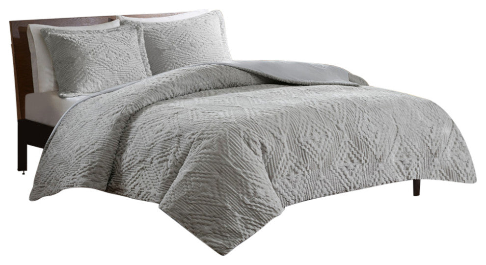 Woolrich Teton Plush Embroidered 3-Piece Coverlet, Grey, Full/Queen