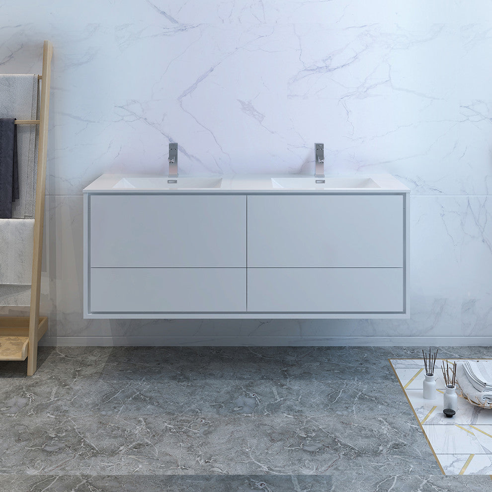 Fresca Catania 60" Gloss White Wall Hung Cabinet With Integrated Double Sink