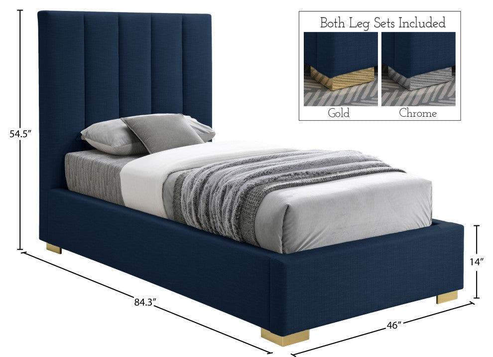 Pierce Linen Textured Fabric Upholstered Bed, Navy, Twin