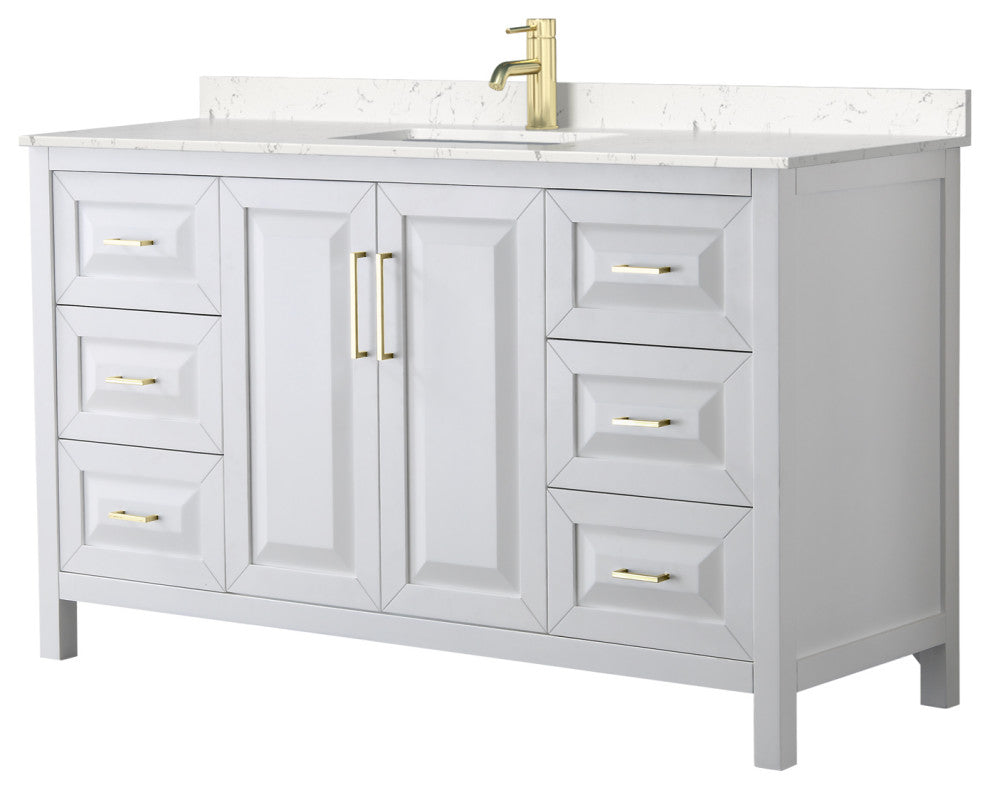 60" Single Vanity White, Light-Vein Carrara Cult Marble Counter, Sink, Gold Trim