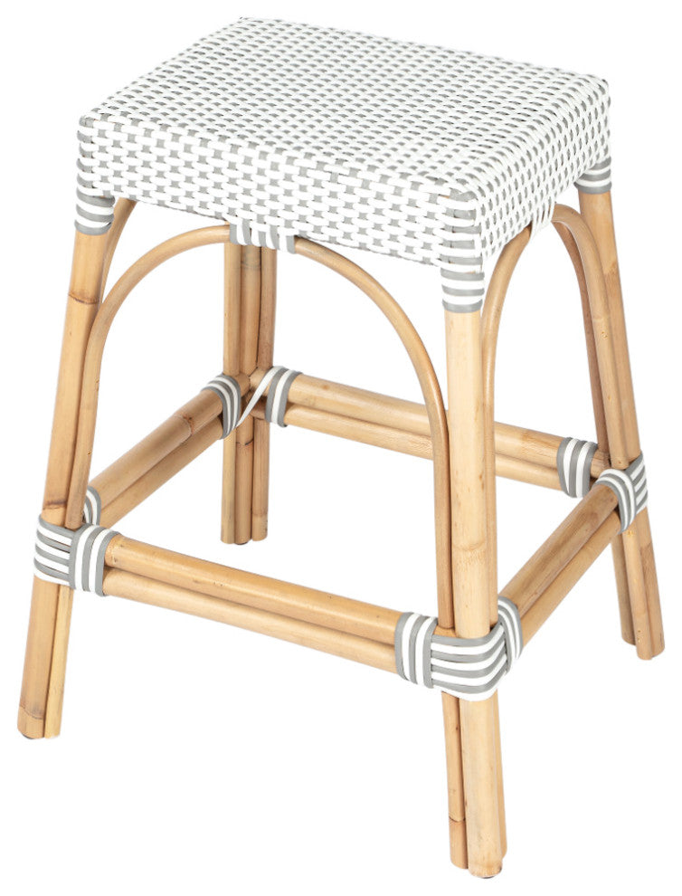 Robias Rectangular Rattan 24.5" Counter Stool, Grey and White