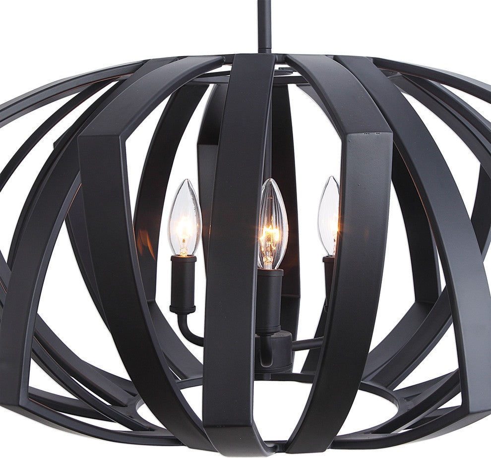 Mid Century Modern Woven Black Metal Cage Pendant, 3 Light Chandelier Round