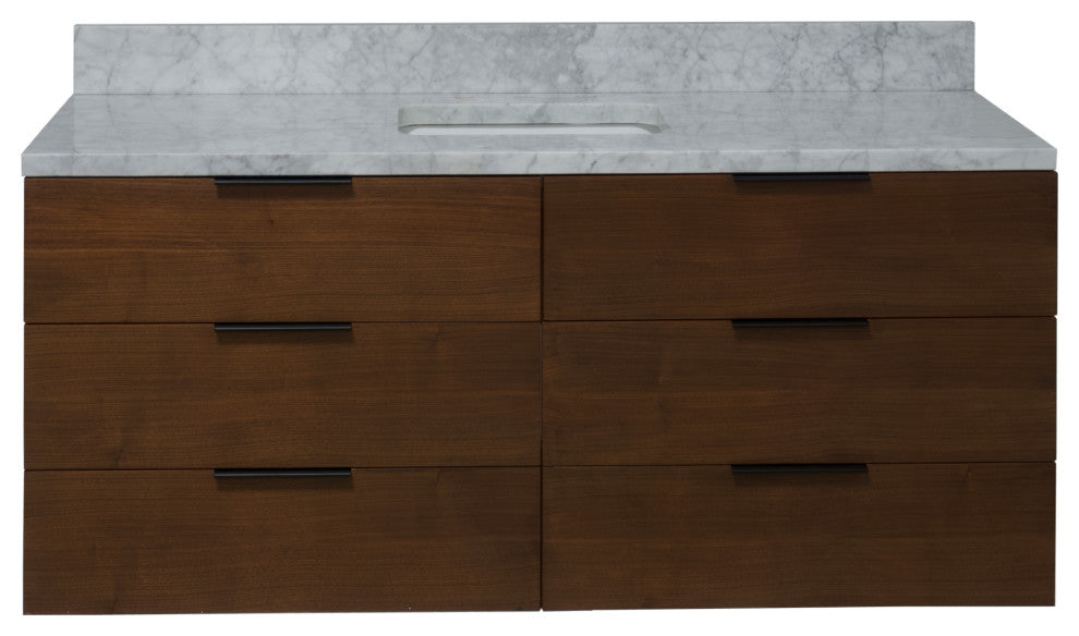 Oslo 60" Floating Wall Mounted Bathroom Vanity, Walnut, Carrara Marble, Single