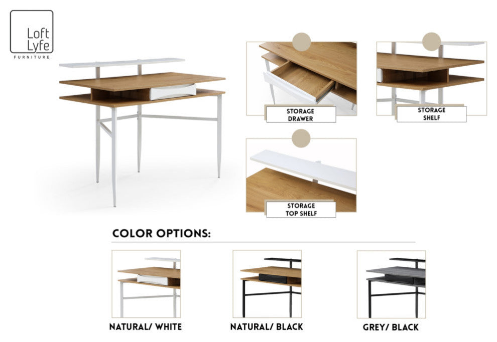 Loft Lyfe Nechama Desk, 1 Storage Drawer, Gray/Black 43.3Lx22.8Wx34.8H