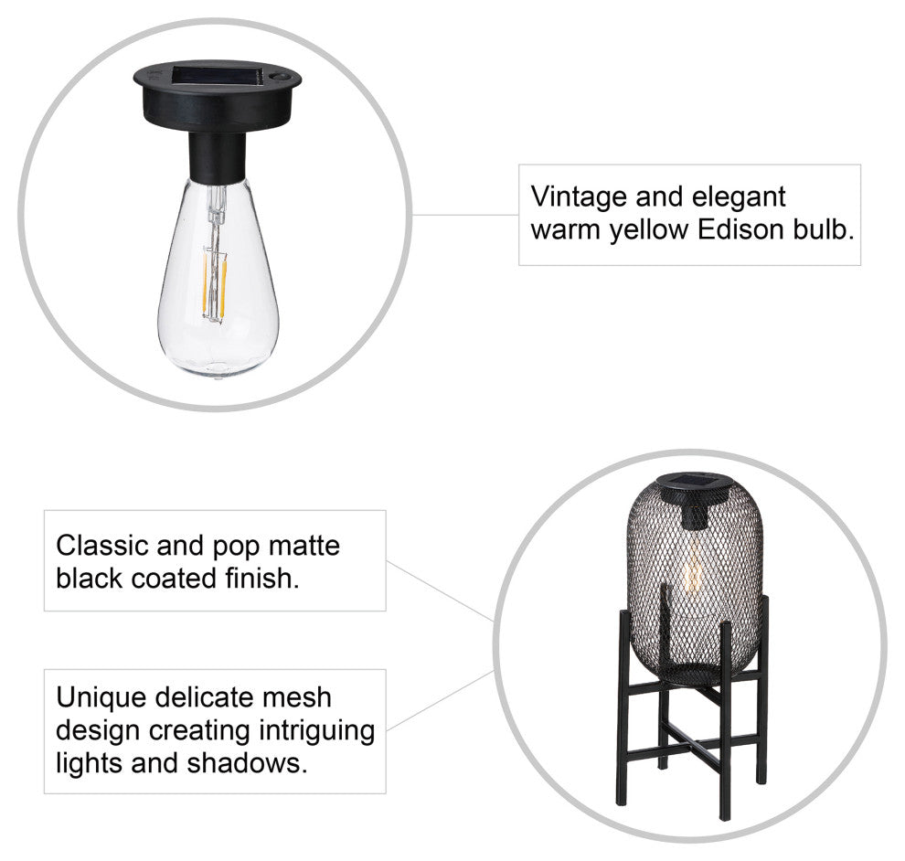 14.25"H Metal Mesh Black Solar Powered Outdoor Lantern With Stand