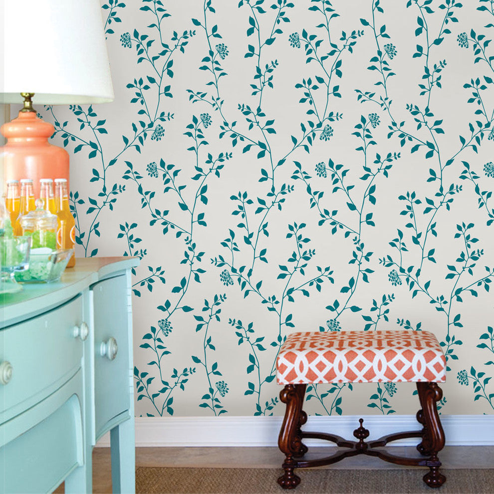 Branch Flower Peel and Stick Vinyl Wallpaper, Teal, 24"w X 60"h