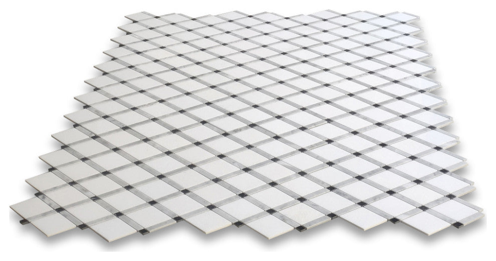 Thassos White Marble Diamond Lattice Mosaic Tile Carrara Black Polishe, 1 sheet