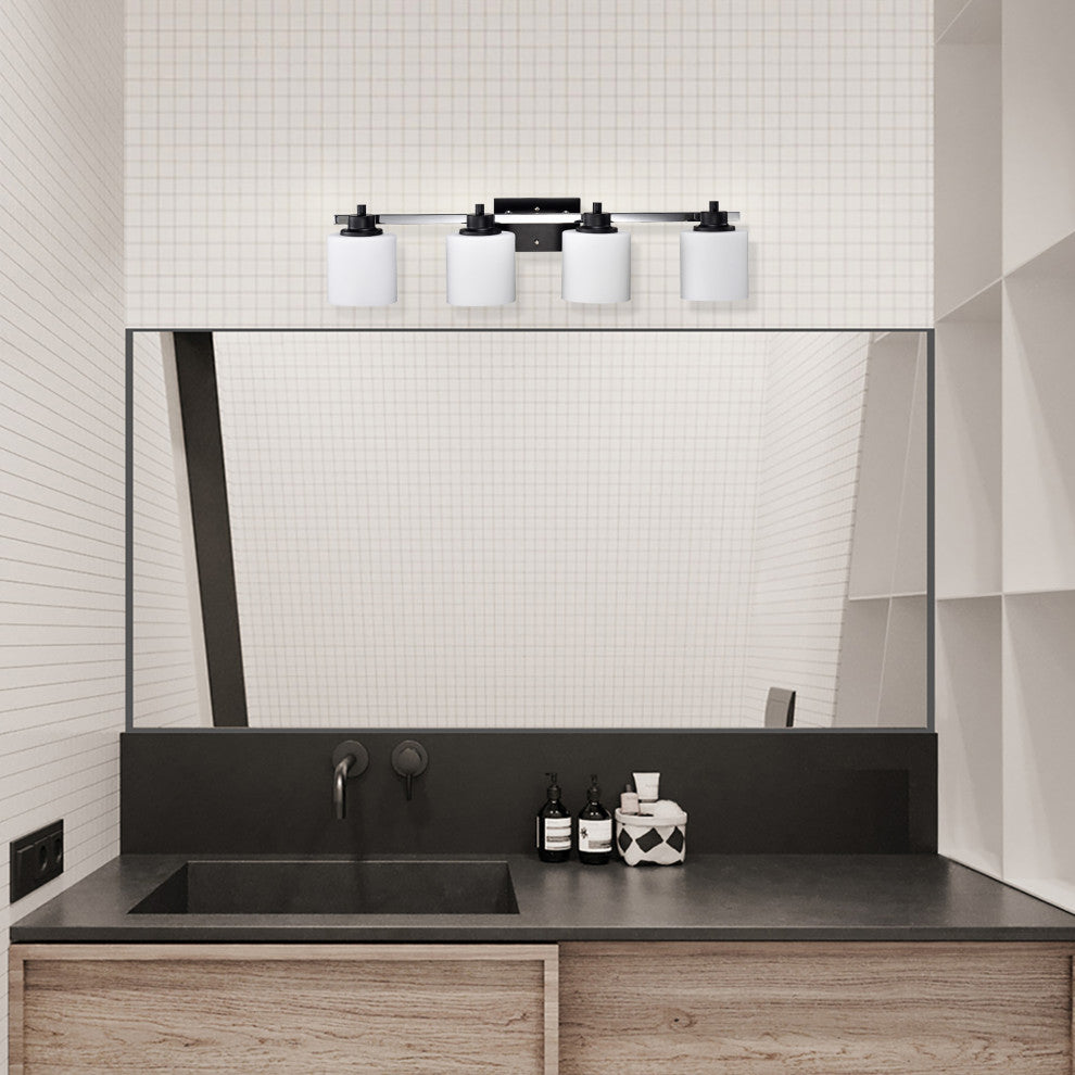 4-Light Black and Chrome Finish Vanity Lights With Etched White Glass Shades