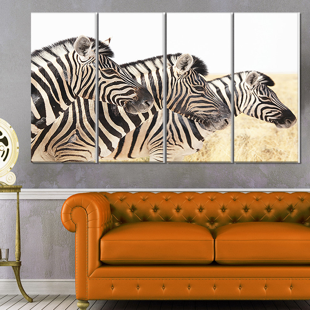 Zebras in A Row in Grassland, African Wall Art Print, 48"x28", 4 Panels