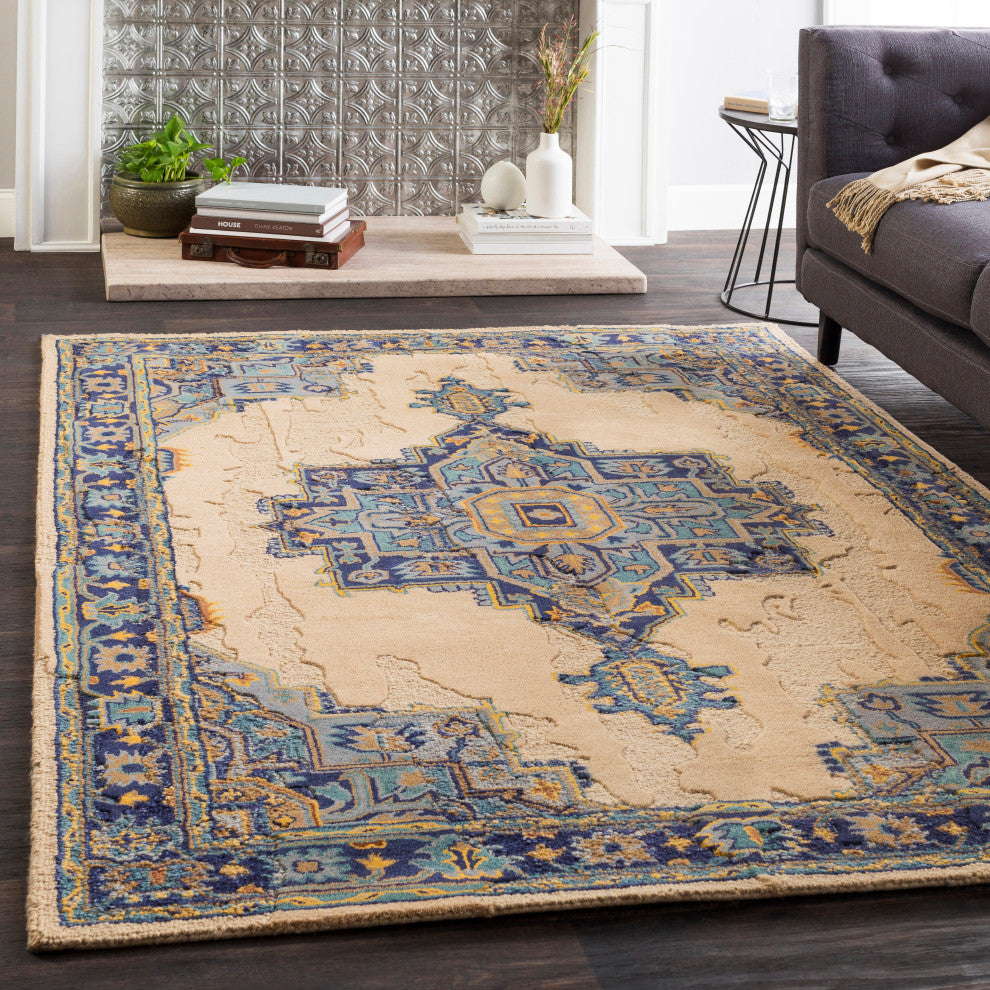 Surya Hannon Hill HNO-1012 5'x7'6" Rug, Tan/Wheat/Blue/Gray/Teal/Saffron/Khaki