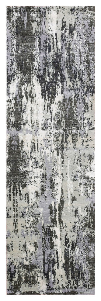 Gray Abstract Design, Wool and Silk, Hand Knotted Runner Rug, 2'6"x8'3"
