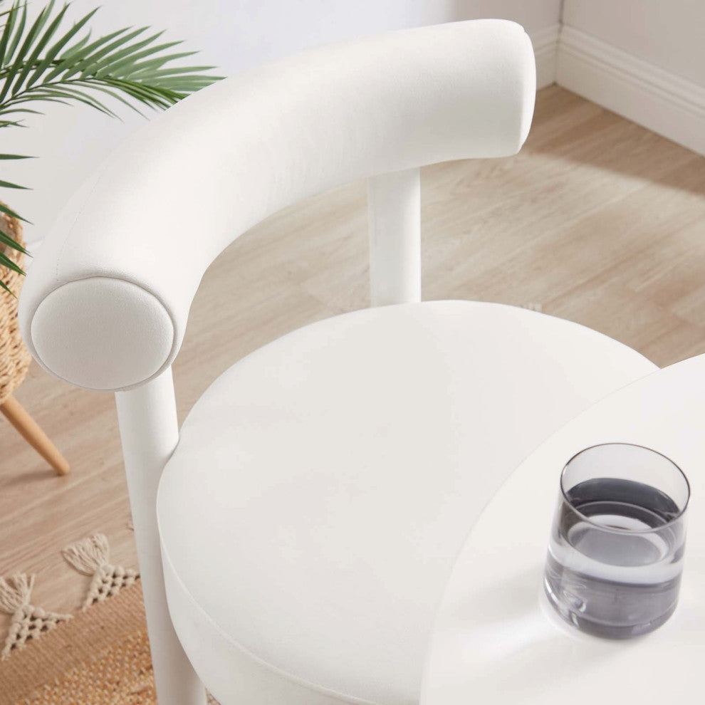 Toulouse Performance Velvet Dining Chair, Curved Round Bolster Side Chair, White