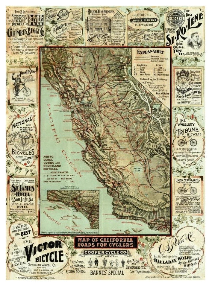 "Map of California Roads for Cyclers, 1896" Print by George W. Blum, 18"x24"