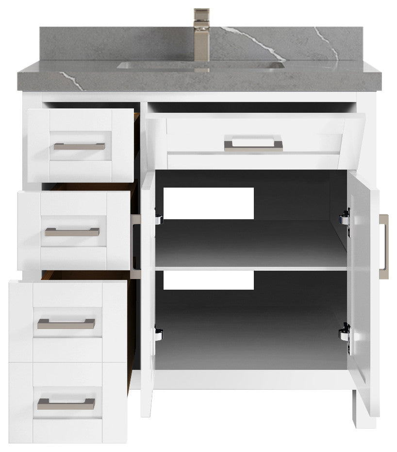 Cambridge 36 Center Sink Bath Vanity in White 2" Piatra Gray