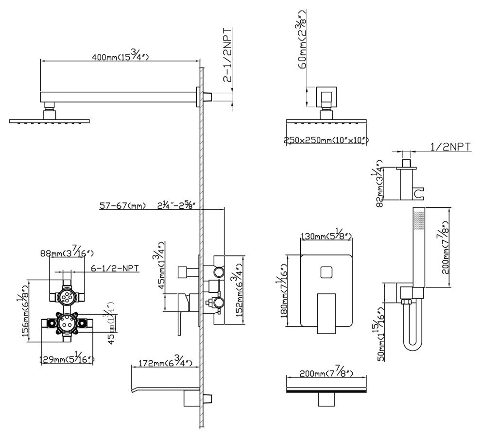 Wall Mounted Pressure-Balanced Rainfall Shower System With Tub Spout RB0907