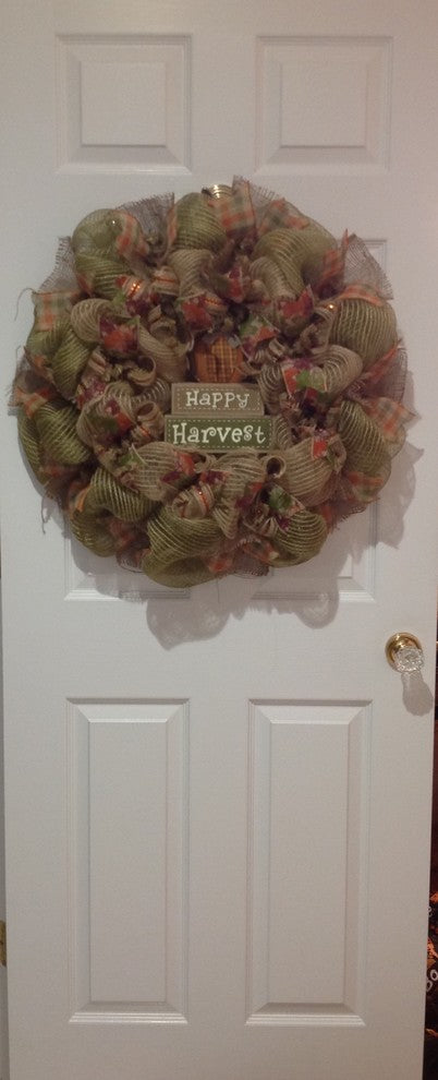 Happy Harvest Autumn Burlap Wreath Handmade Deco Mesh