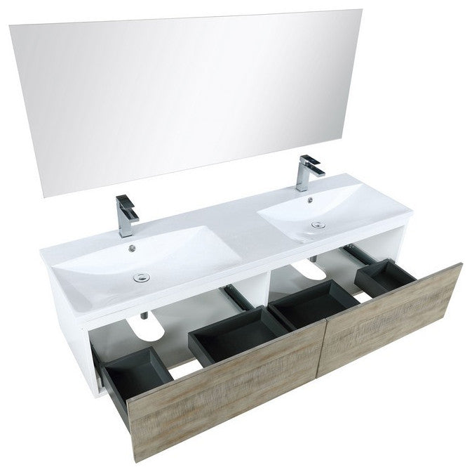 Scopi Modern 60" Rustic Acacia Double Bathroom Vanity Set, Labaro Rose Gold Fauc