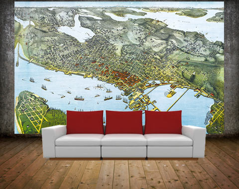 Seattle, WA, 1891 Wall Map Mural, Peel and Stick 3-Panel, 125"x79"