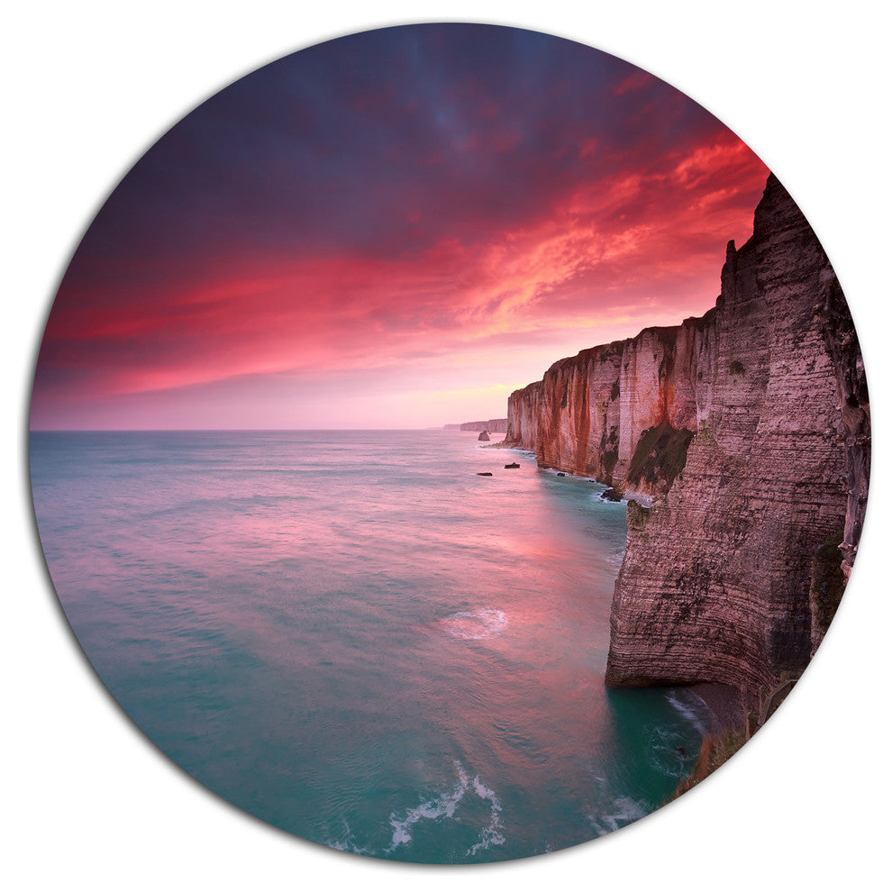 Dramatic Sunrise Over Sea And Cliffs, Beach Round Metal Wall Art, 23"
