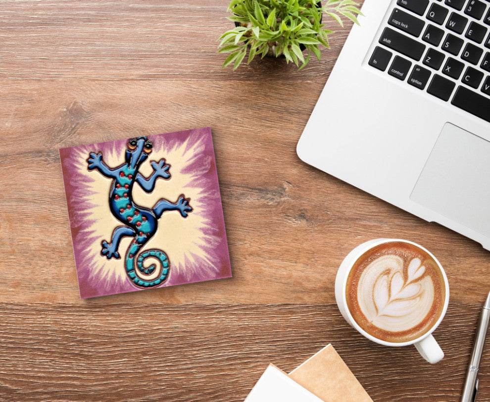 4x4" Blue Lizard With Purple Background Art Tile Ceramic Drink Holder Coaster