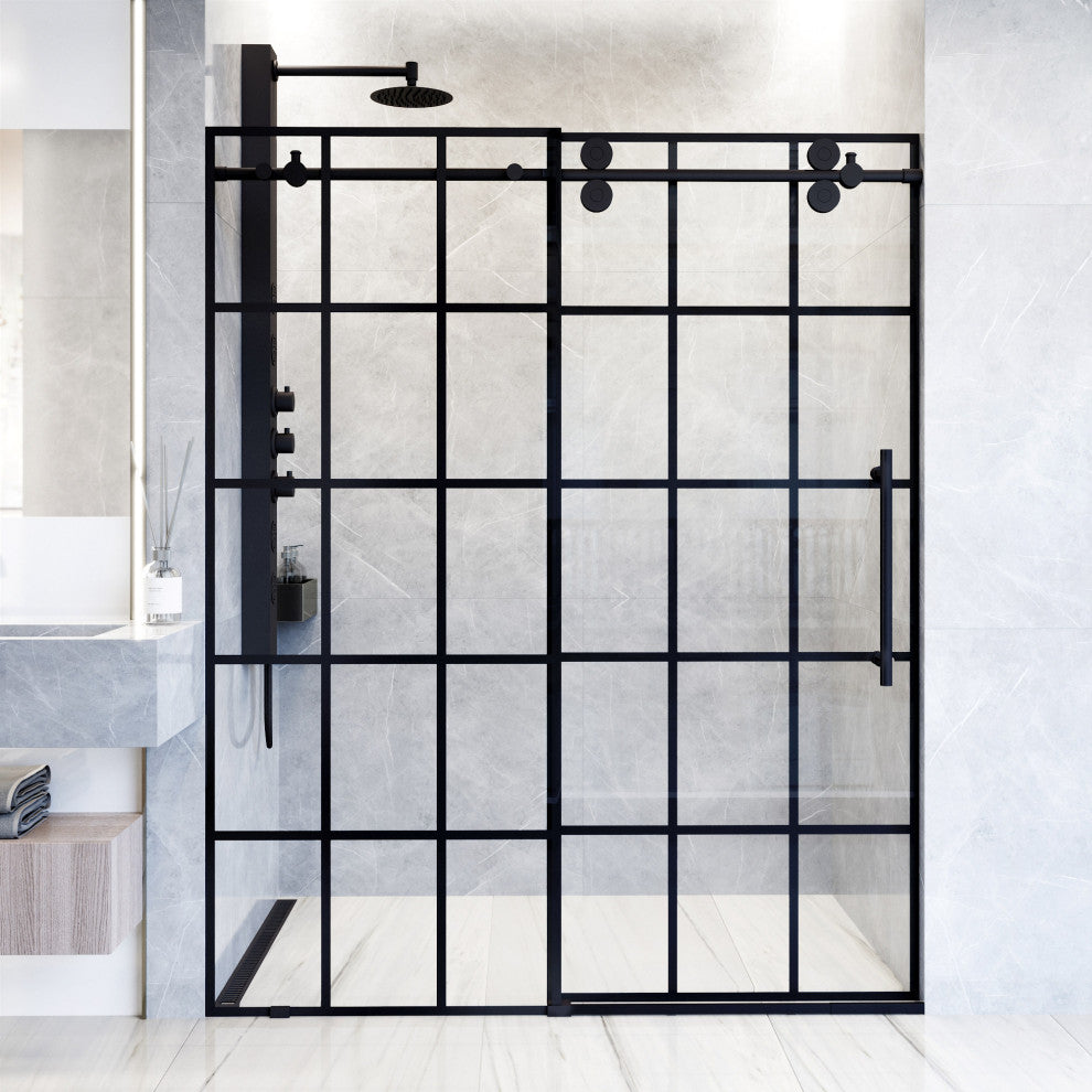 VIGO Elan 68" to 72" W x 74" H Frameless Sliding Shower Door in Matte Black Grid