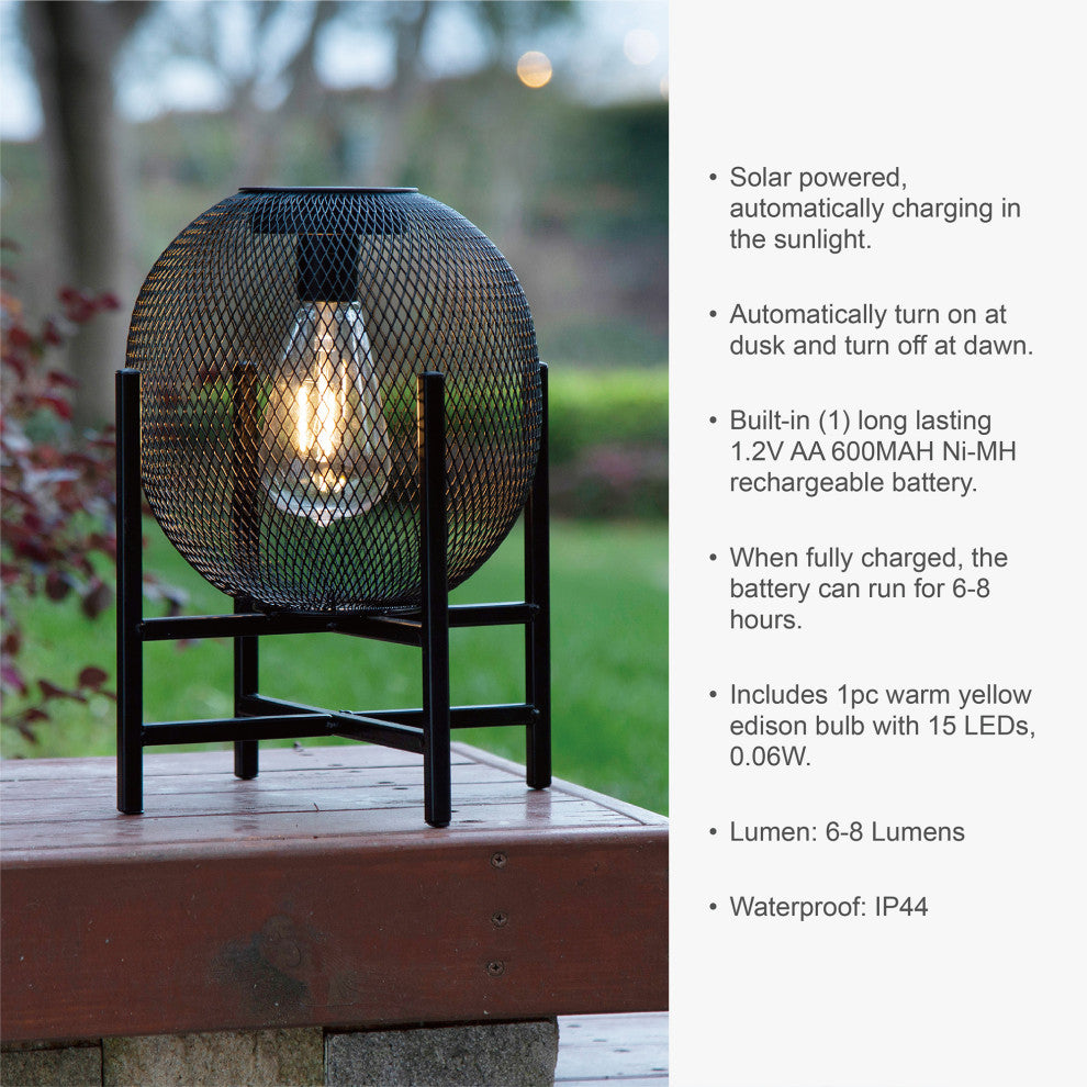 11.5"H Metal Mesh Black Solar Powered Outdoor Lantern With Stand