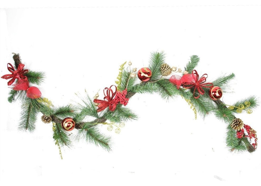 Grapevine and Pine, Red Ball Ornaments Artificial Christmas Garland, Unlit