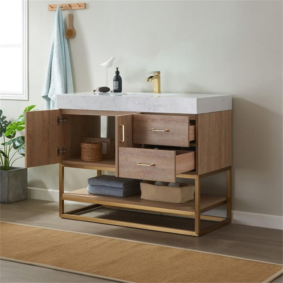 Vinnova Alistair 42" White Grain Stone Top Vanity in Oak w/o Mirror