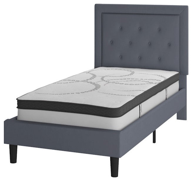 Roxbury Tufted Upholstered Platform Bed -10 Inch Foam & Pocket Spring Mattress, Light Gray, Twin