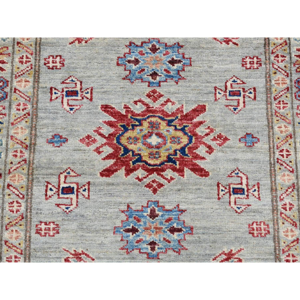 Light Gray Afghan Super Kazak Geometric Design Hand Knotted Wool Rug 2'10"x8'