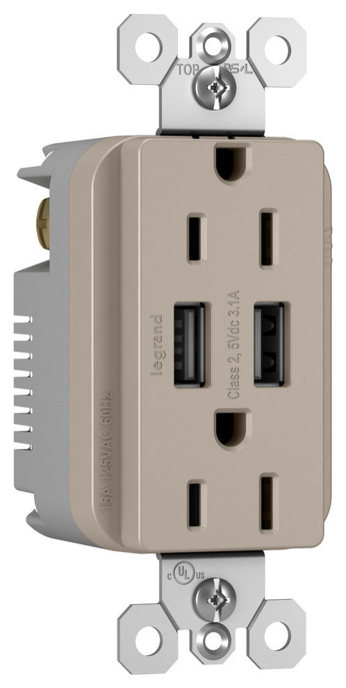 USB Chargers With Duplex 15A Tamper-Resistant Outlets, Nickel