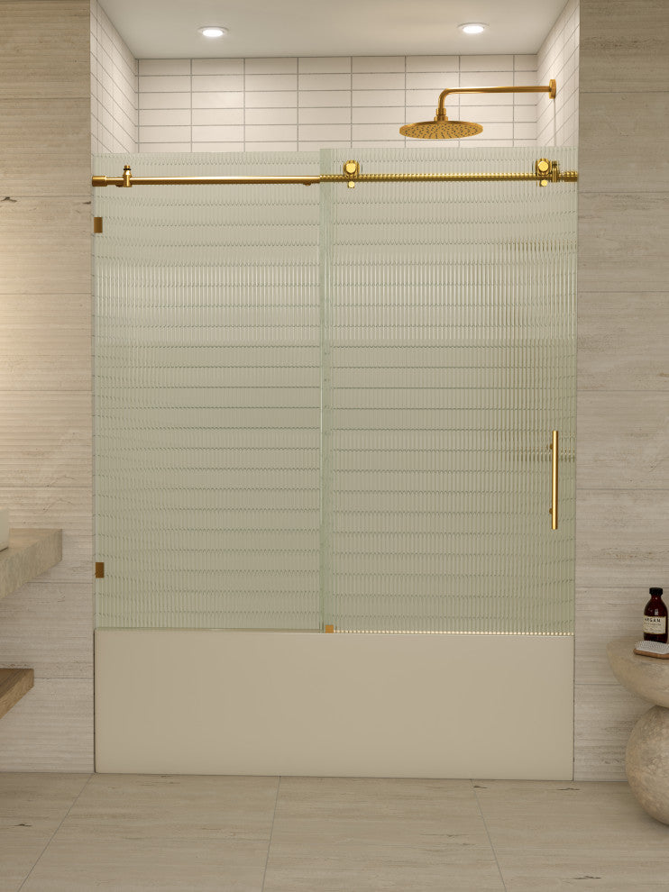 Galaxy 60"x60" Frameless Glass Sliding Bathtub Doors, Satin Brass, Right