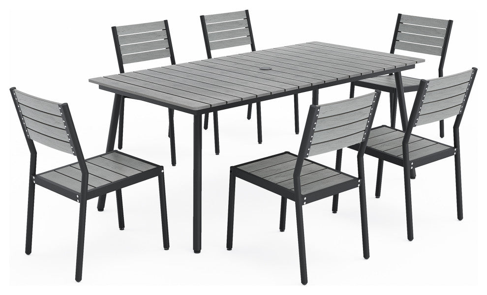 7-Piece Gray Outdoor Patio Set Dining Chairs Table With Umbrella Hole, Dc037