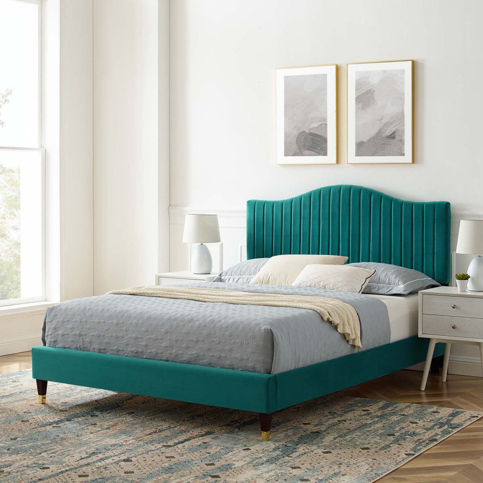 Tufted Platform Bed Frame, Queen Size, Velvet, Teal Blue, Modern Contemporary
