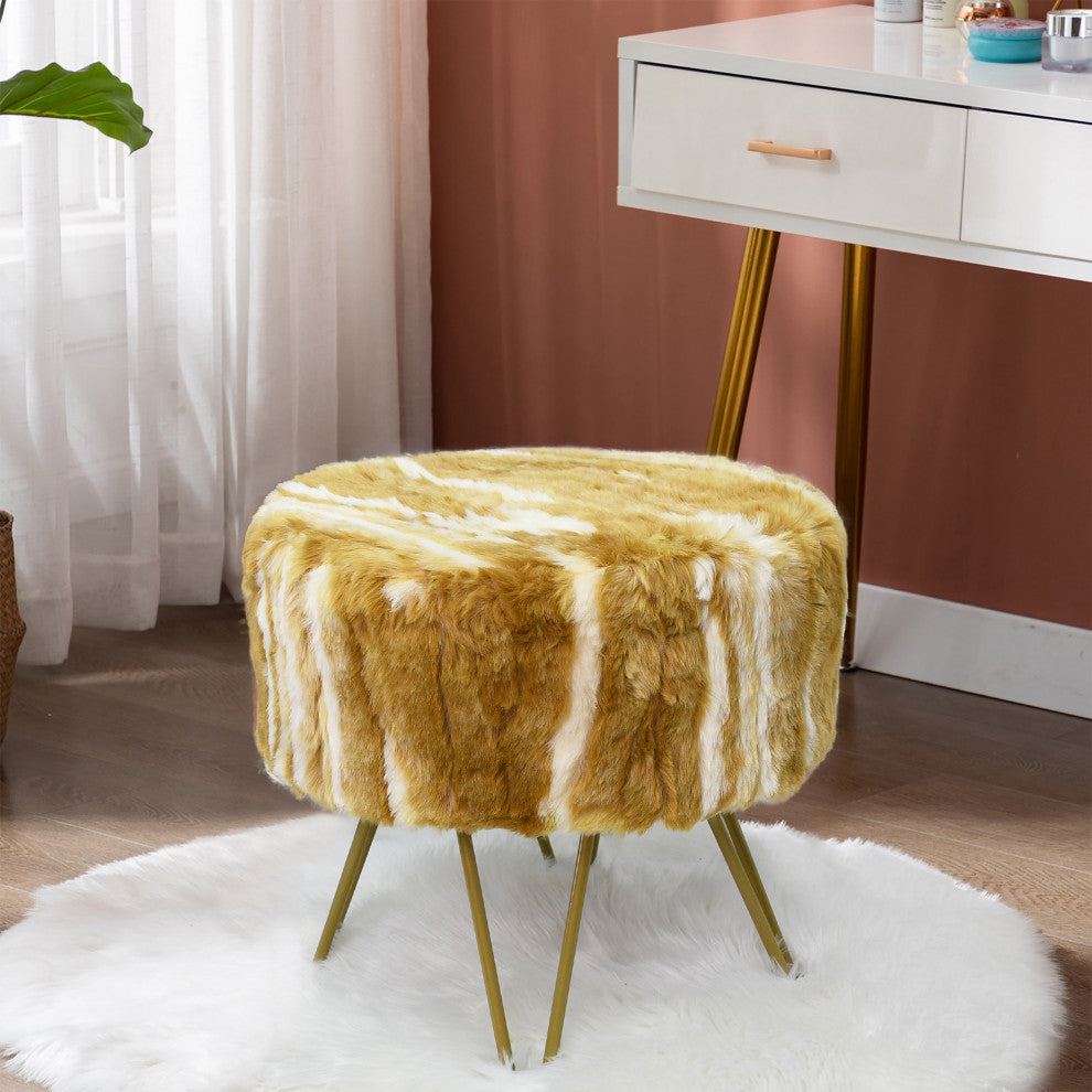 Fauxfur Ottoman Round Fuzzy Entryway Bench, Gold, 18"x18"x18"