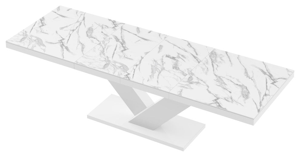 VICTORIA Extendable High Gloss Dining Table, White Marble/White
