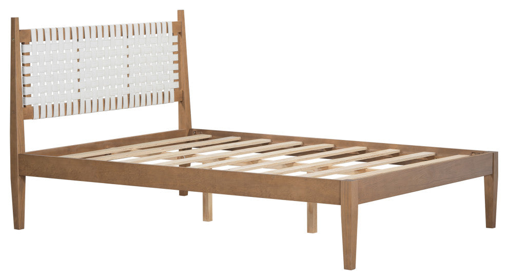 GDF Studio Queen Platform Bed With Woven White Leather Back & Natural Wood Frame