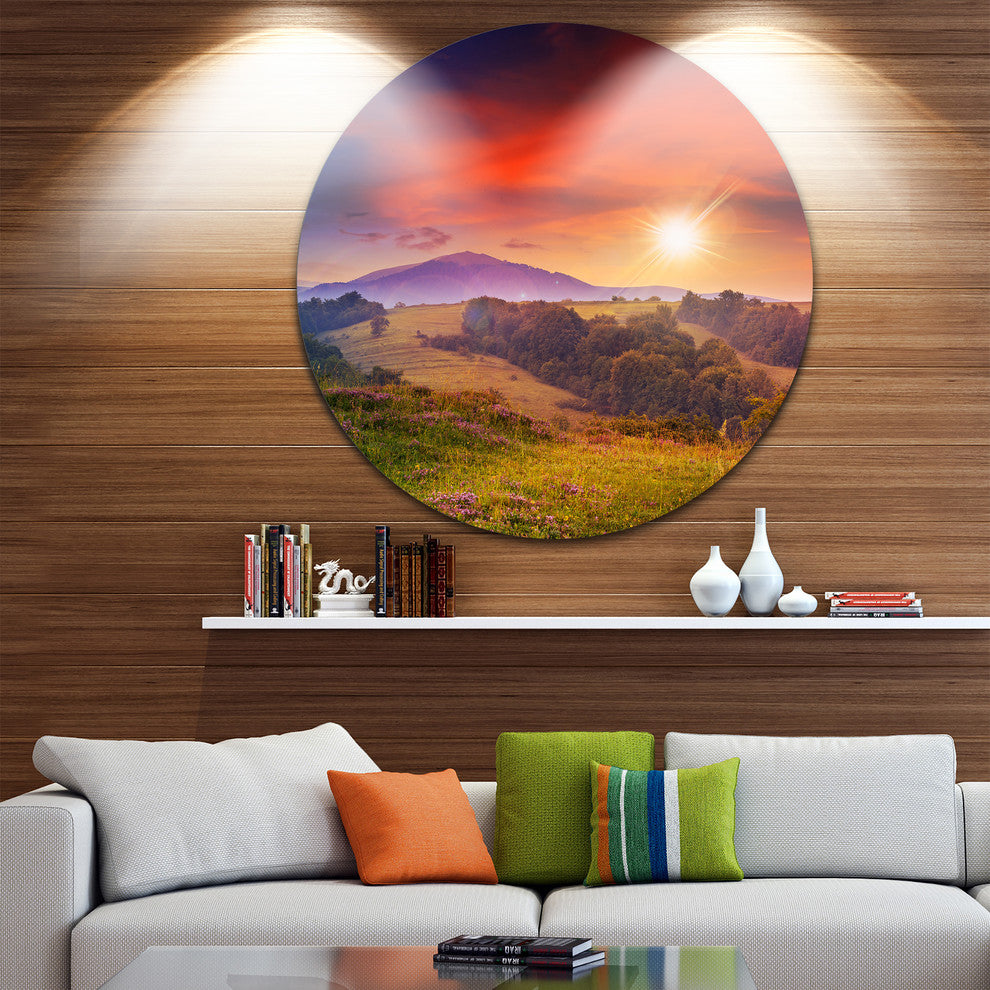Cold Morning Fog With Red Hot Sun, Landscape Photo Round Wall Art, 38"