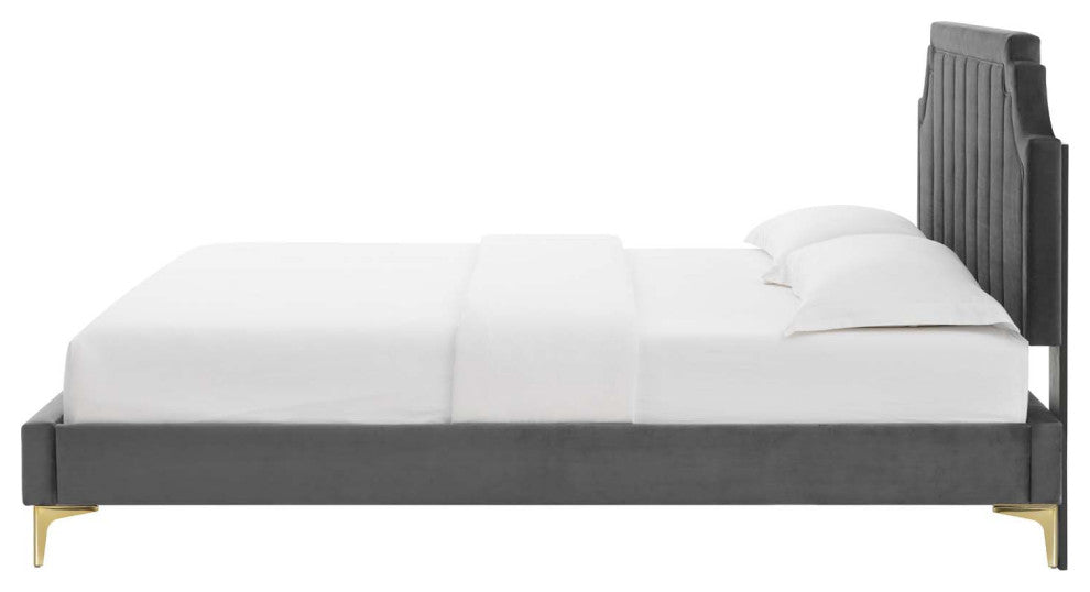 Platform Bed Frame, Queen Size, Velvet, Dark Gray, Modern Contemporary