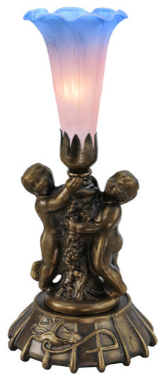 Meyda Lighting 12" Twin Cherub Pond Lily Mini Lamp, Pink Blue